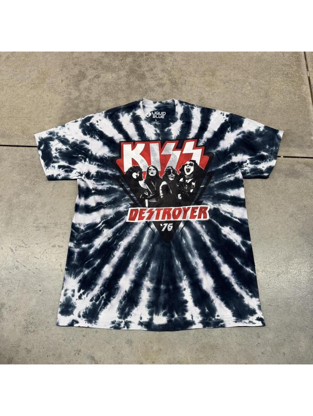 vintage kiss destroyer liquid blue tie dye classic rock band shirt size large
